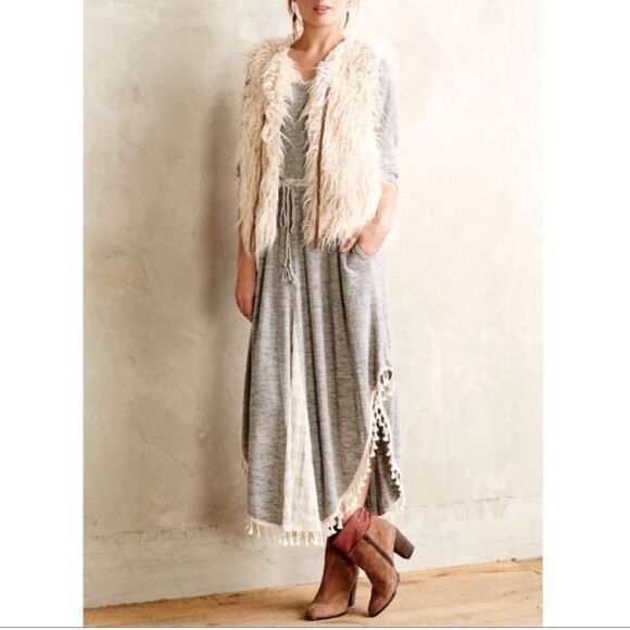 Saturday Sunday Anthro Tassel Dress Sz M Gray Stretch Knit Cinch Waist Maxi Boho - Picture 1 of 10